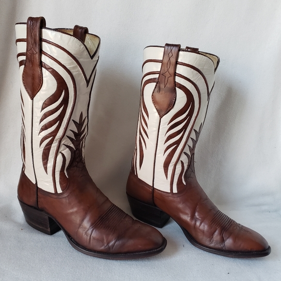 SOLD ❌Vintage Dan Post Western Boots Ivory Custom Shafts Brown Cognac Leather - Picture 4 of 16